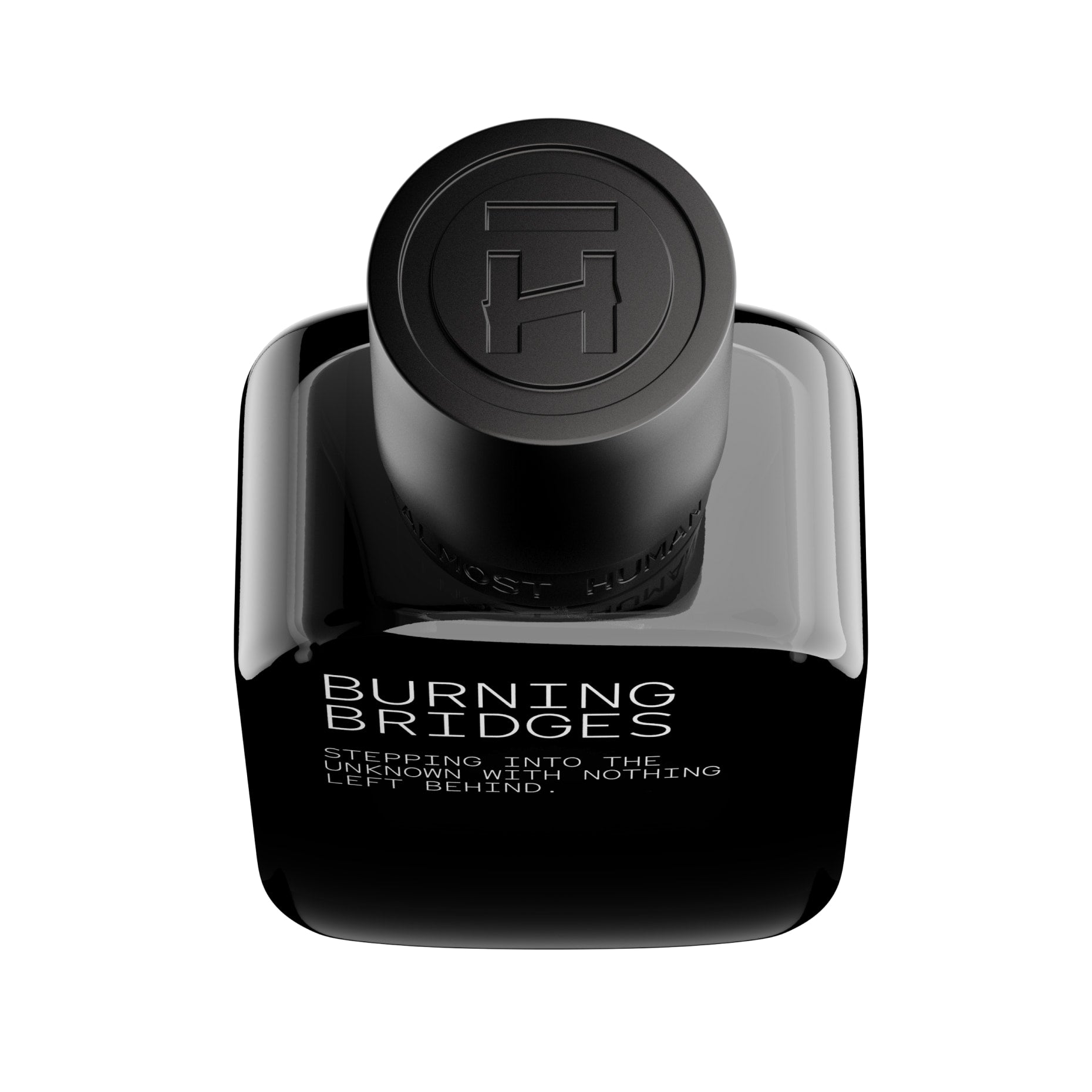 Black perfume bottle labeled 'Burning Bridges' on a white background